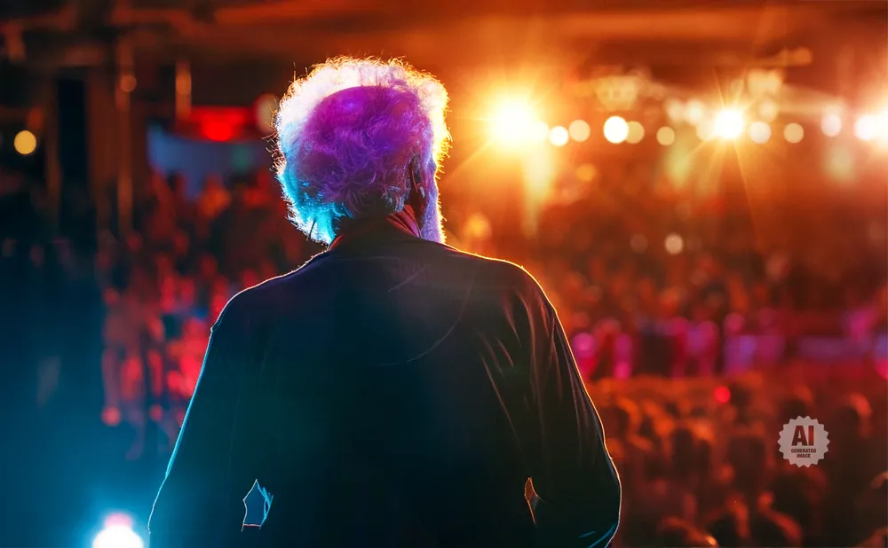 Man with white, curly hair on stage facing a blurred audience under bright lights.