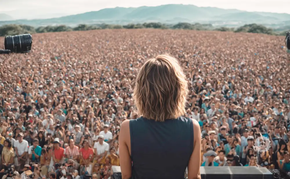 A woman with blonde hair faces a massive crowd at an outdoor concert.