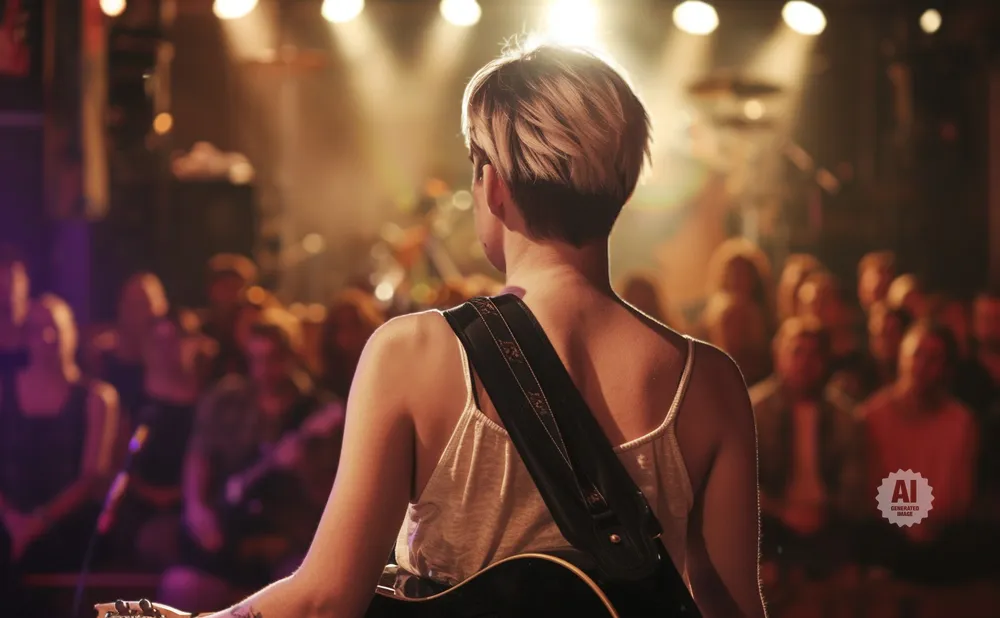 A musician with short, blonde hair plays guitar on stage in front of a blurry audience.