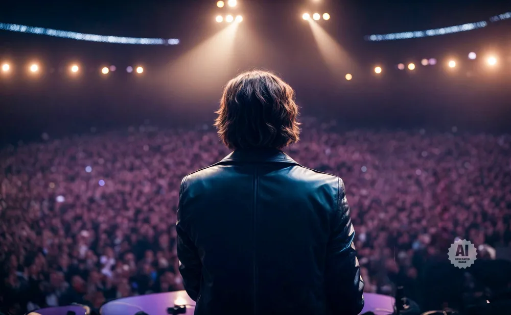 Person in leather jacket facing a large, cheering crowd under stage lights.