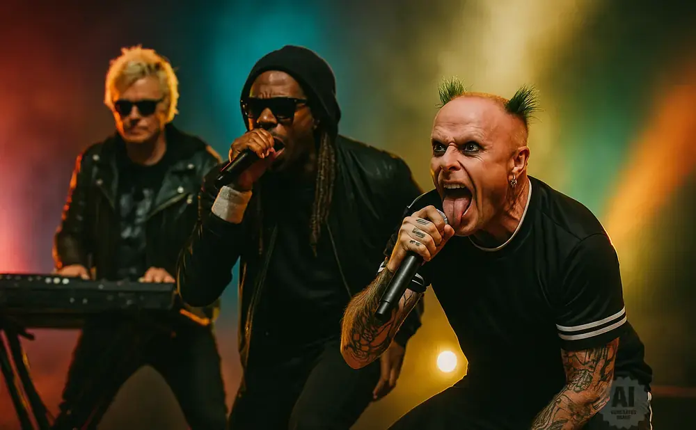 Three male band members perform on stage. Two are singing into microphones, one with spiked green hair and tongue out. The third is behind a keyboard.