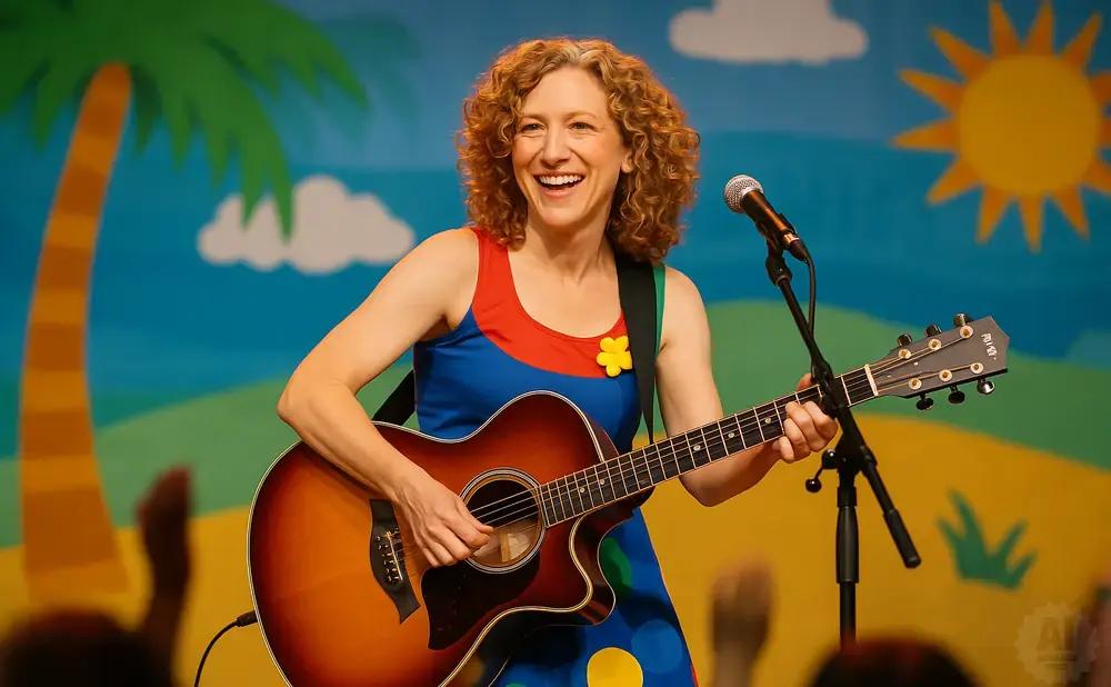 A woman with curly hair plays an acoustic guitar on stage, smiling into a microphone.