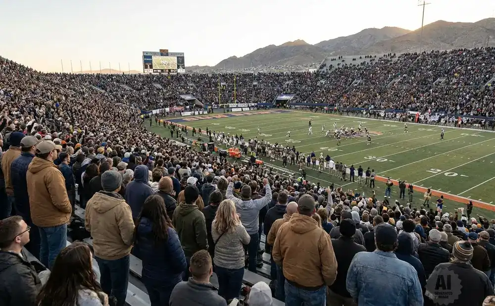 A football game viewed from the stands at sunset, with fans filling the stadium.