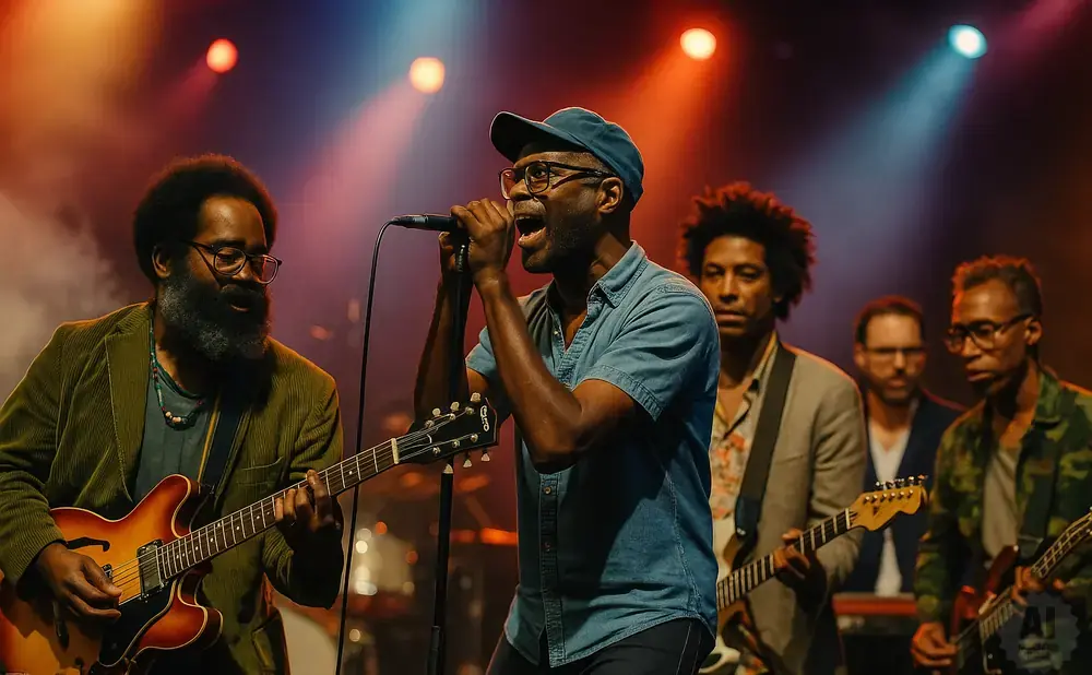 A band performs on stage, with a singer in the center, and guitarists on either side, under colorful spotlights.