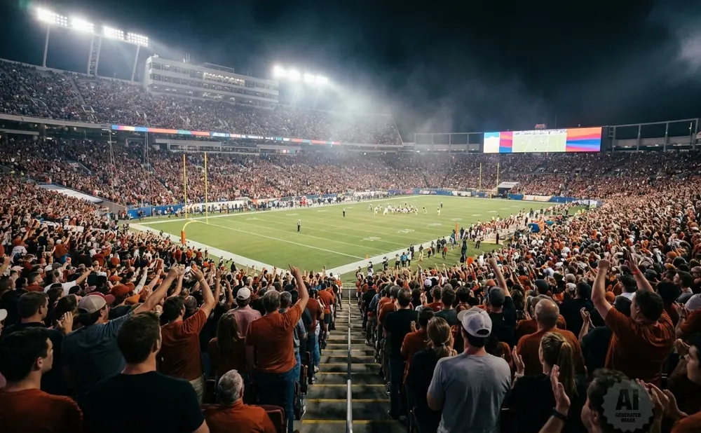 A crowded football stadium at night, with fans cheering under bright lights and players on the field.