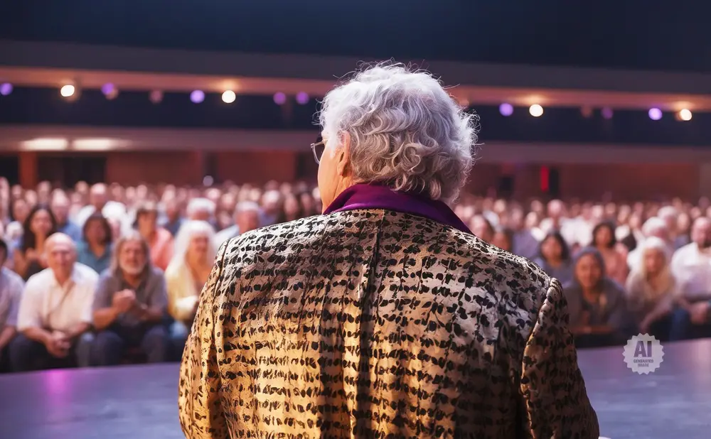 Back view of person in a patterned jacket speaking to an audience in a dimly lit room.