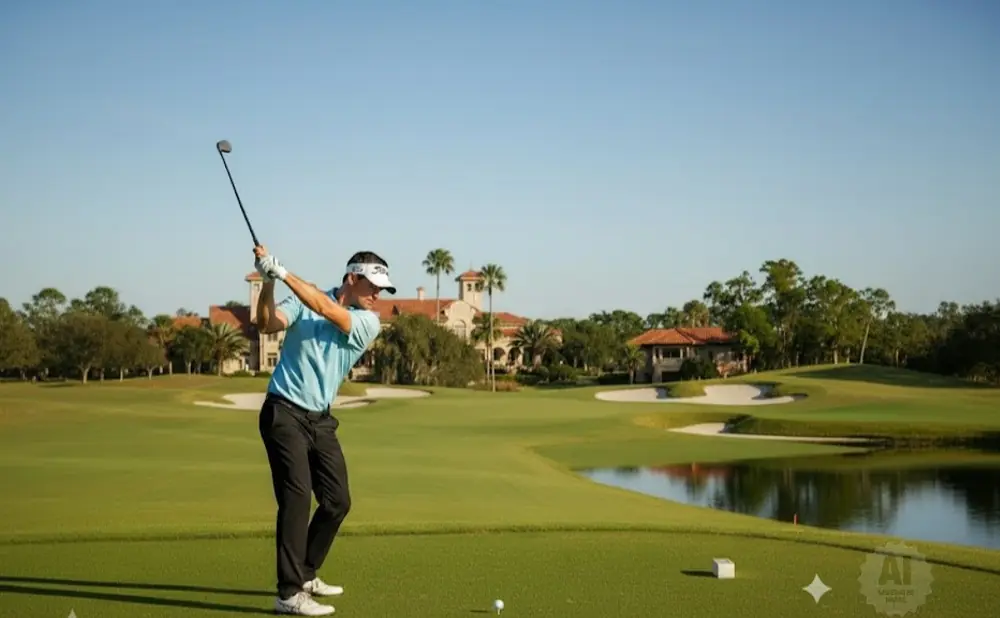 Golfer swings club on a lush green course with a large house in the background.