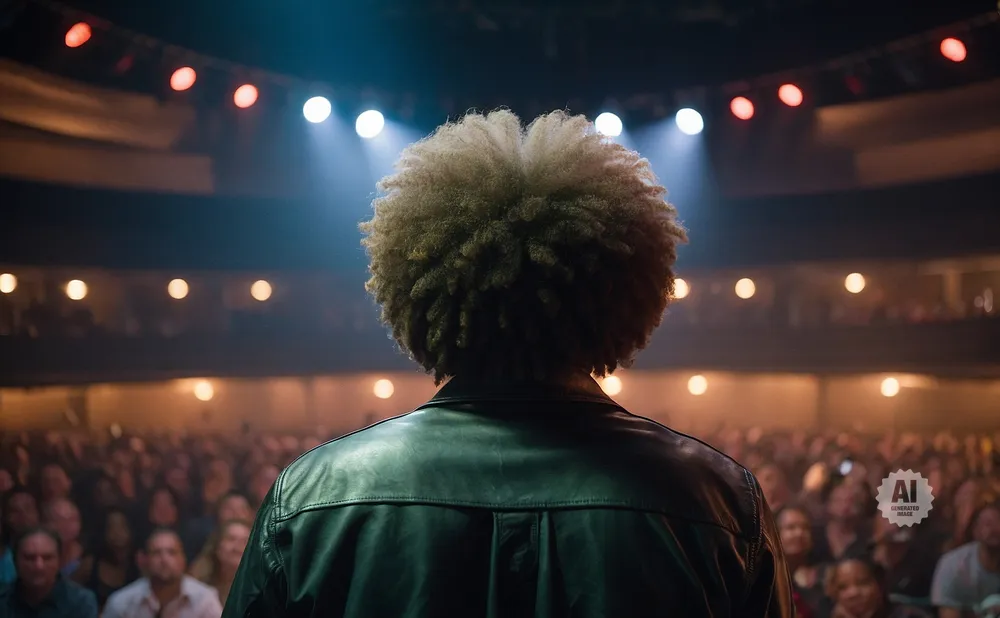Person with afro hair on stage facing a large audience under stage lights.
