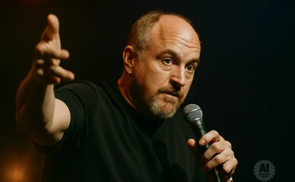Comedian Louis C.K. holds a microphone and gestures with his left hand.