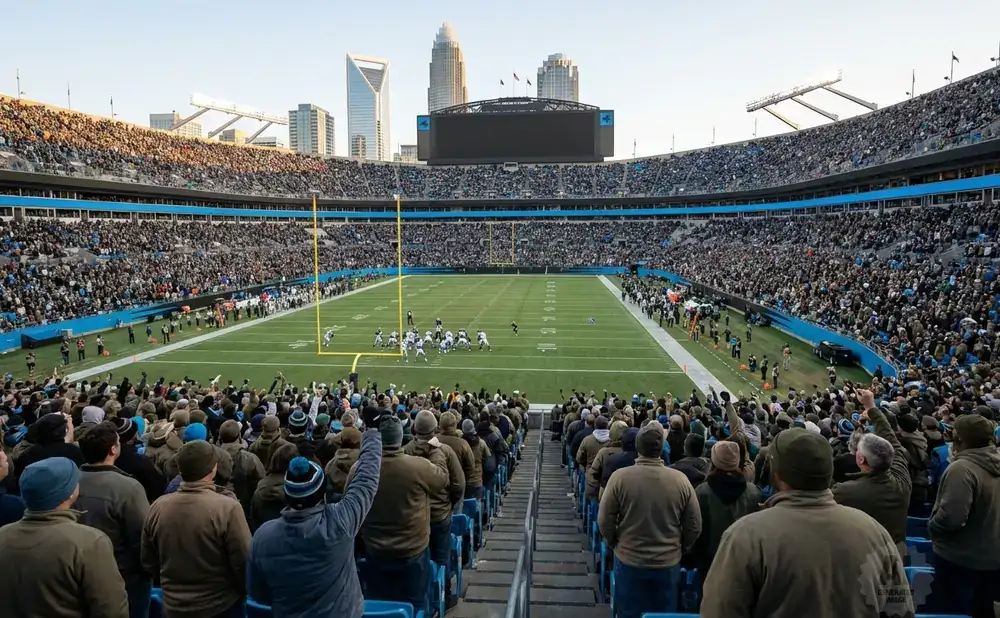 A football game is underway in a packed stadium with a city skyline in the background.