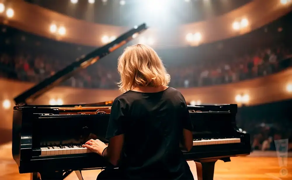 A pianist plays a grand piano on stage in front of a blurred audience.