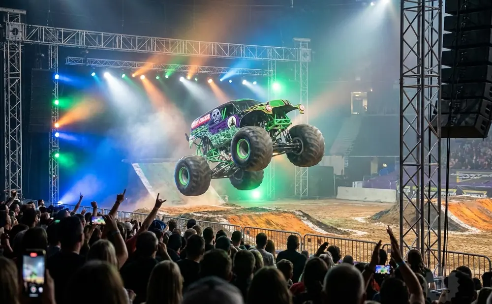 A monster truck, Grave Digger, soars through the air during a show, lit by colorful stage lights.