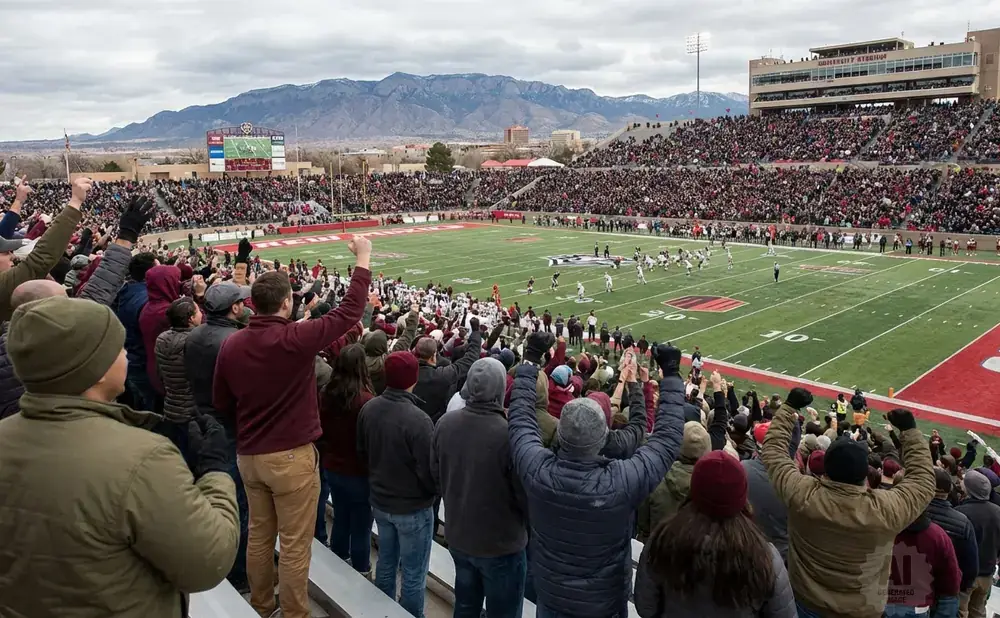 A football stadium full of fans cheering with mountains in the background.