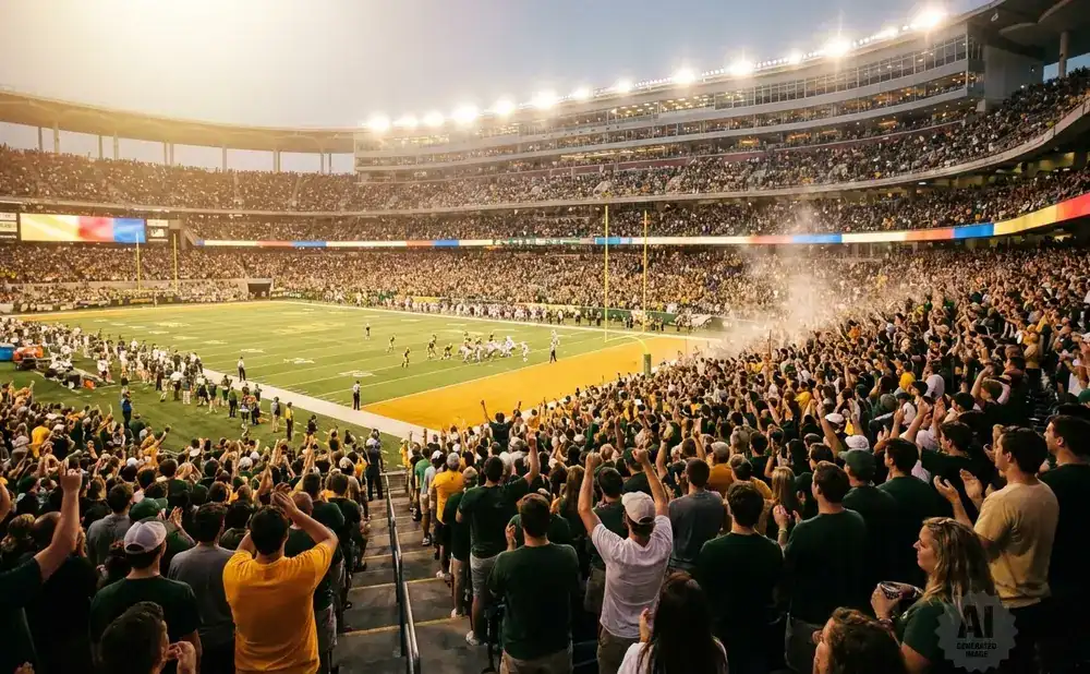 A crowd of fans cheer with hands raised at a sun-drenched stadium event.