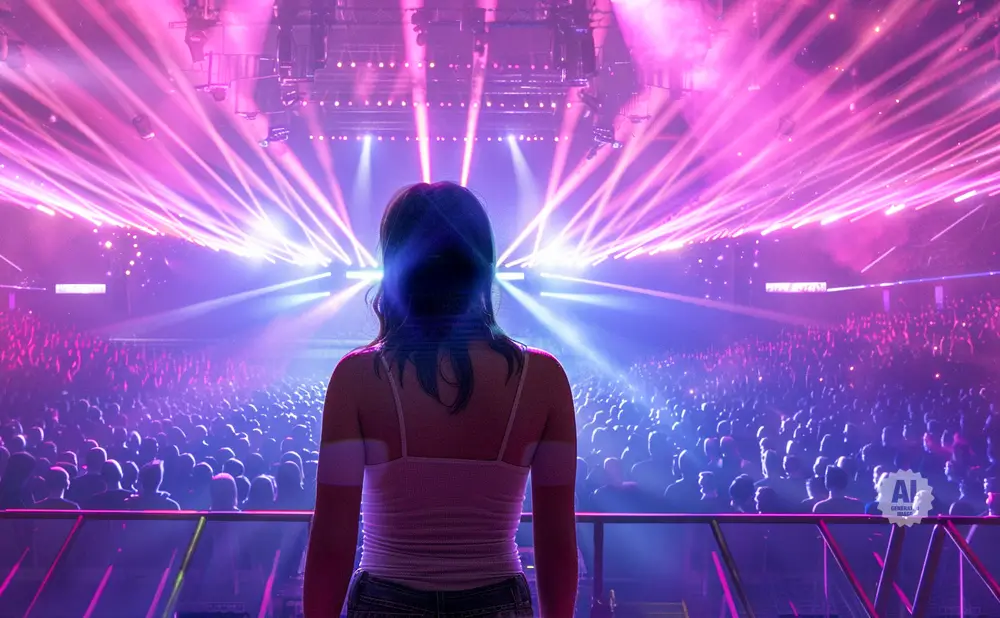 A woman stands before a large crowd at a concert, bathed in pink and purple stage lights.