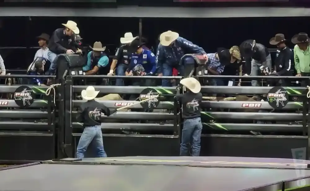 Rodeo riders in cowboy hats stand inside a bucking chute, preparing for a bull ride.