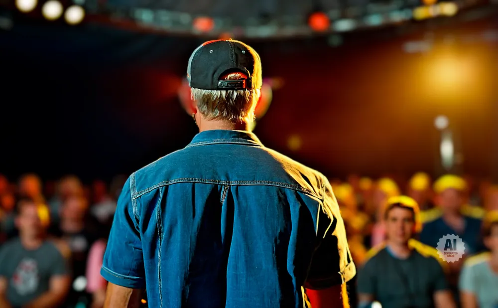 Man in denim shirt and baseball cap facing away from camera, addressing a blurred audience.