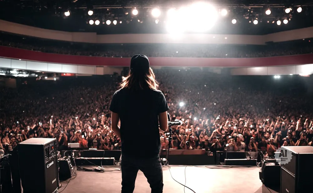 Musician on stage with back to audience in a packed, dimly lit arena with bright spotlights overhead.