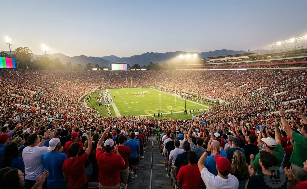 A crowded American football stadium at sunset, with fans cheering on the field.