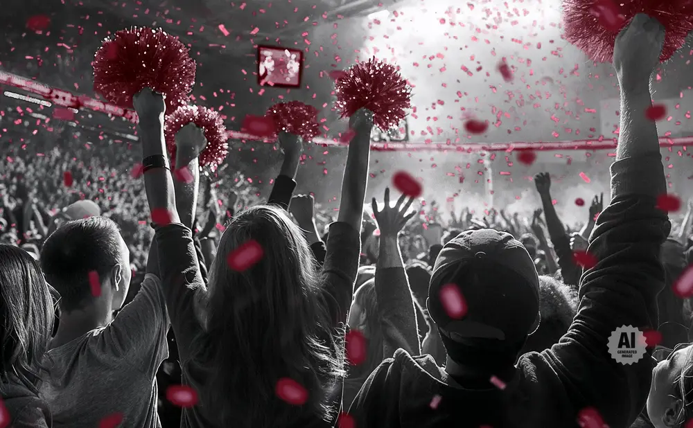 Fans with pom-poms cheer at a concert as red confetti falls.