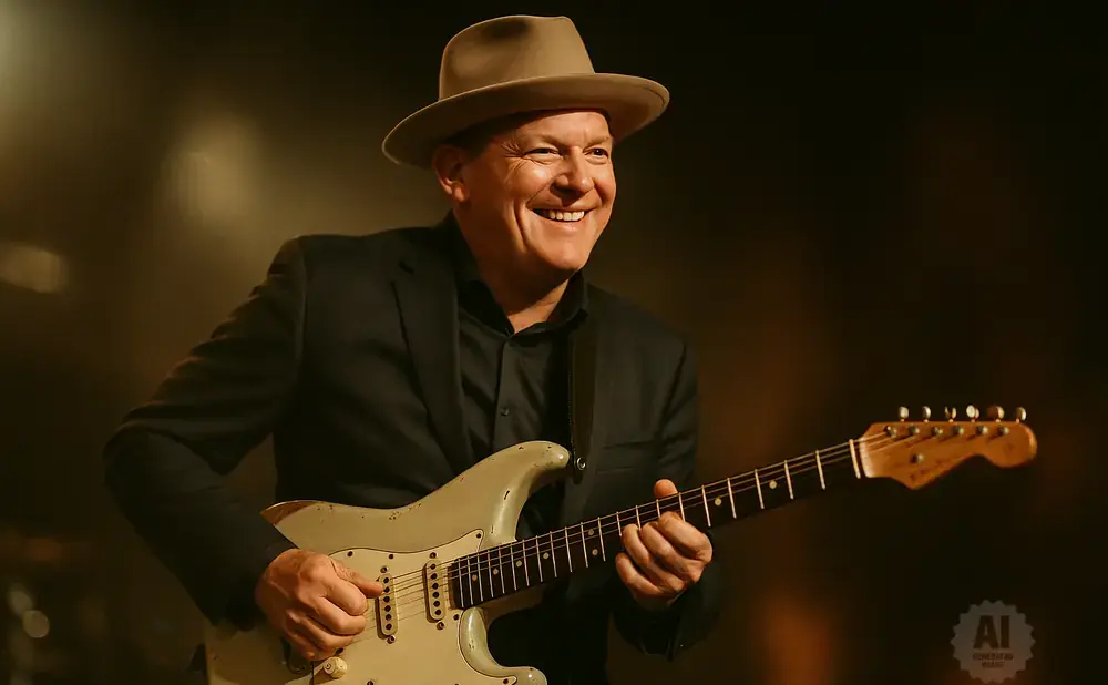 A man in a hat and suit plays a white electric guitar, smiling.