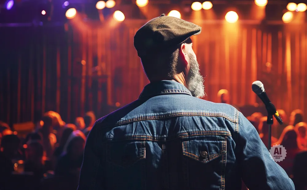 Man in a denim jacket and flat cap on stage with microphone and audience in background.