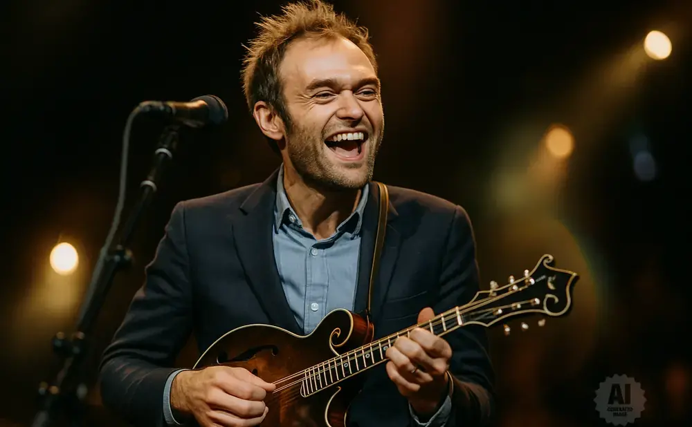 A man in a suit laughs while playing a mandolin on stage.