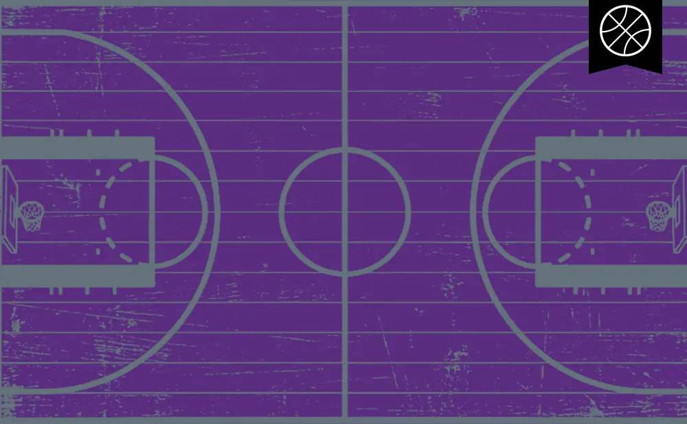 Purple basketball court with grey lines and a basketball icon in the top right corner.