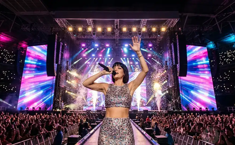 A woman with dark hair and red lipstick sings into a microphone, bathed in blue and pink stage lights.