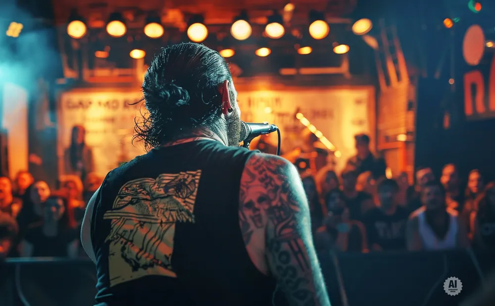 A man with a bun and tattoos sings into a microphone on stage, facing a crowd at a concert.