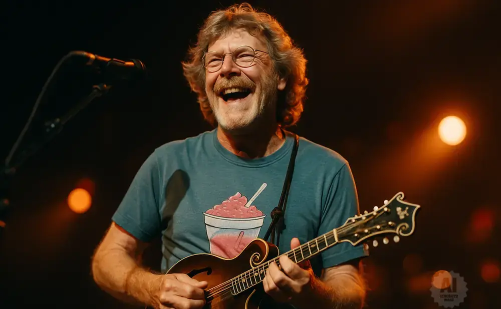A man with glasses and a mustache plays a mandolin on stage, laughing and wearing a blue t-shirt with a slushy graphic.