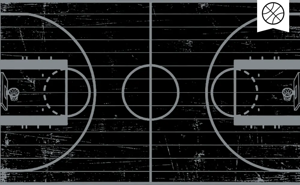 A grunge-style black and gray basketball court with a basketball icon in the top right corner.