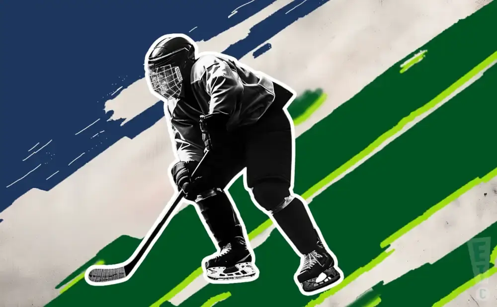 A hockey player in black gear skates on a background with green and blue diagonal stripes.
