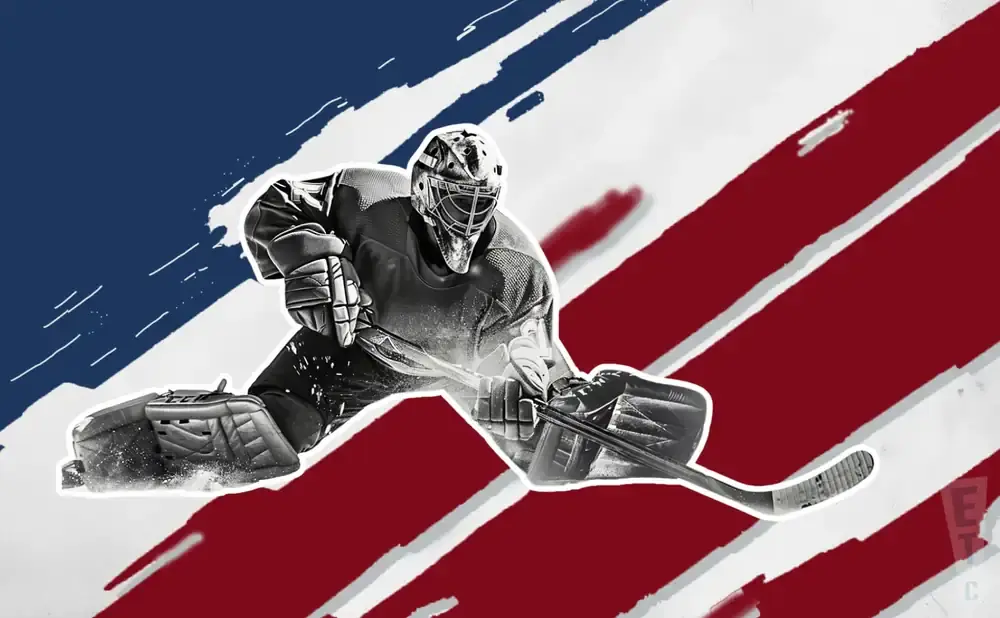 Hockey goalie in mid-save, with a red and blue striped background resembling the American flag.