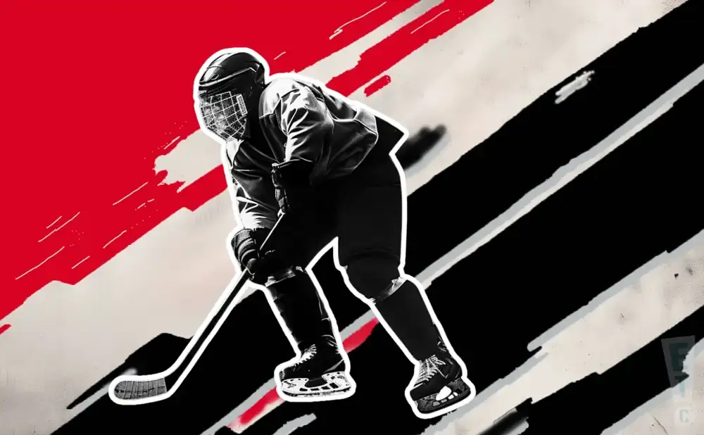 A hockey player in silhouette on a black and red abstract background.