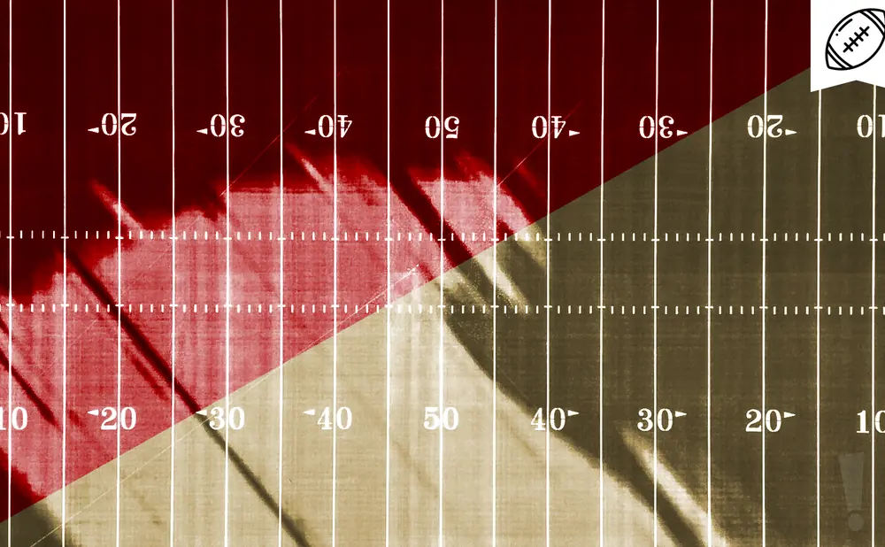 American football field with yard markers and a football graphic.