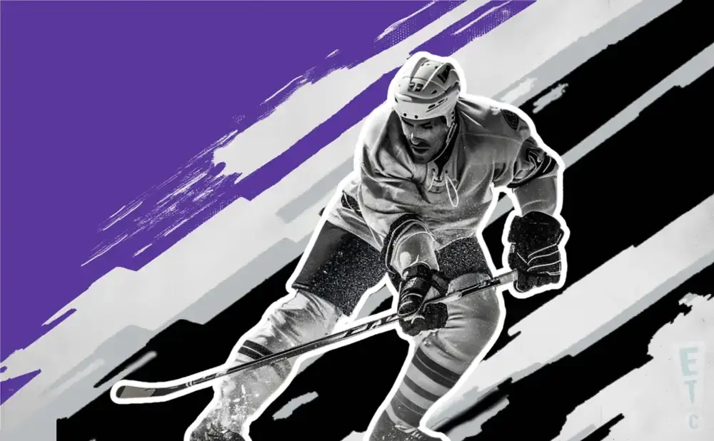 A black and white image of a hockey player in action against a purple and black background with graphic brush strokes.