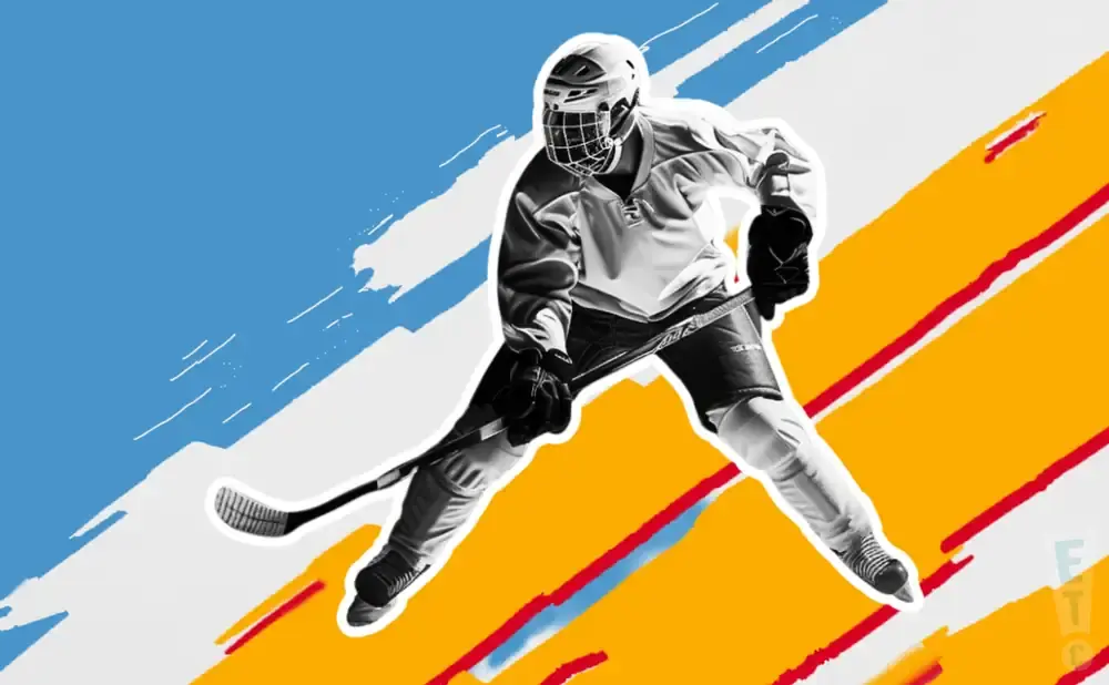 A hockey player in a helmet and uniform on a colorful abstract background.