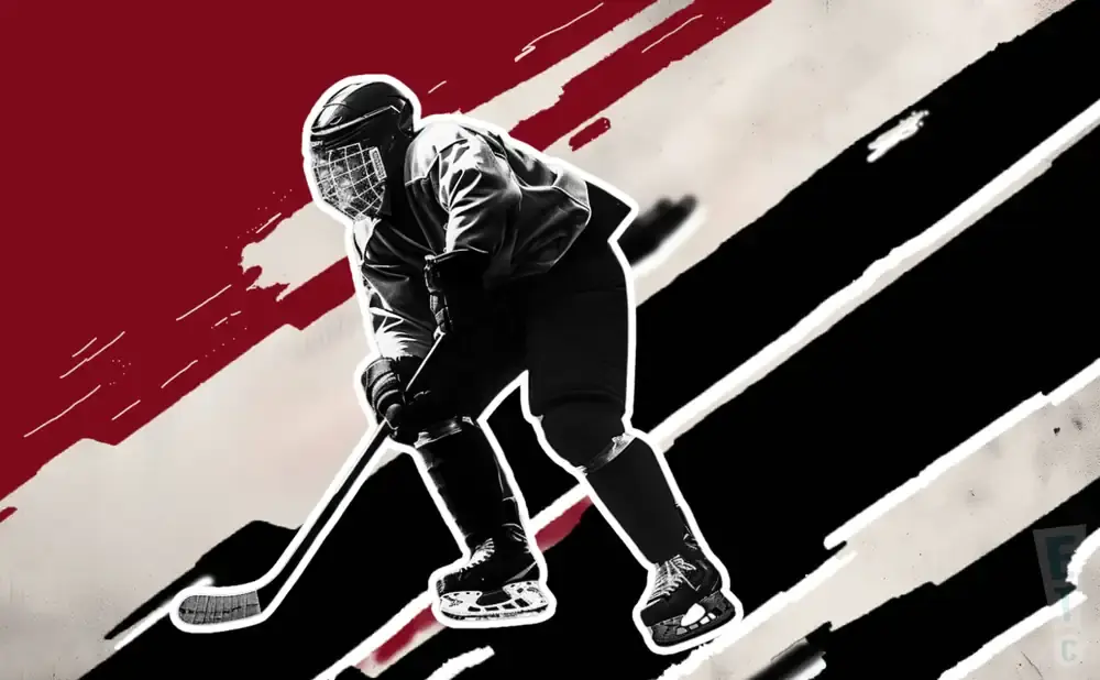 A hockey player in full gear leans forward, stick in hand, against a graphic background of black, white, and red stripes.