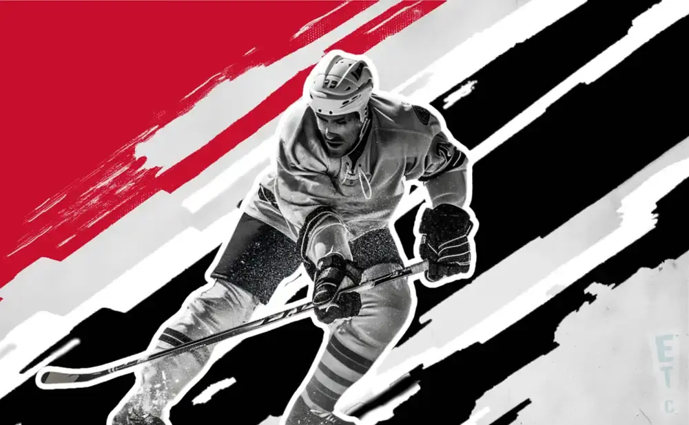 A black and white image of a hockey player with red and black abstract shapes.