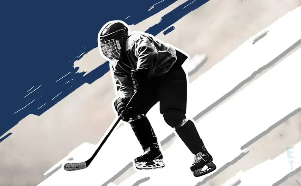 A hockey player in full gear skates with a stick, on a textured background with blue and white diagonal lines.