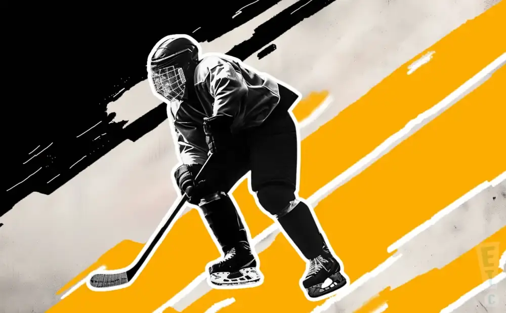A hockey player in black and white, in mid-action, against a yellow and black abstract background.