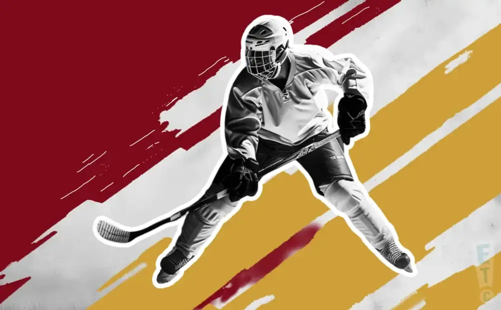 A hockey player in a black and white image with red and yellow diagonal brush strokes.