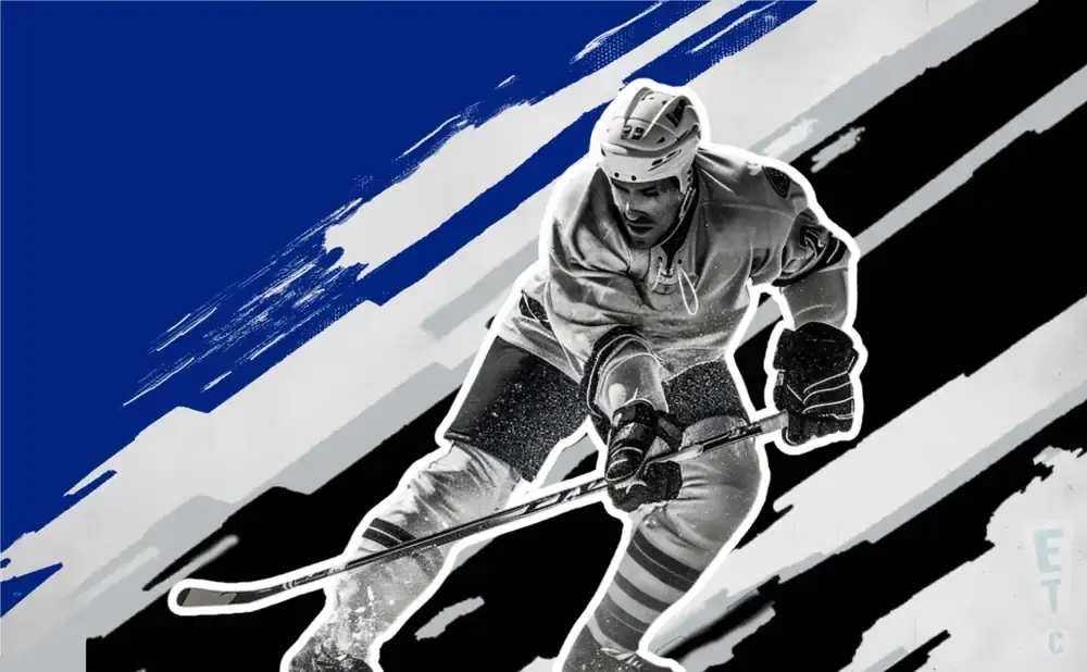 Hockey player in action, with stylized blue, black, and white background graphics.