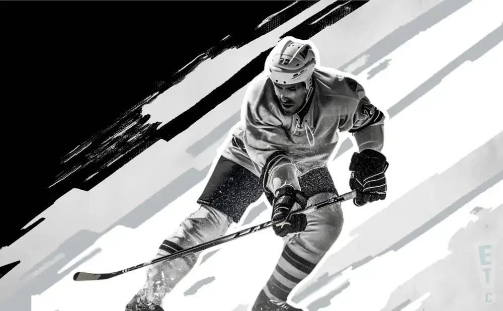 Black and white image of a hockey player in mid-action, with diagonal lines across the background.