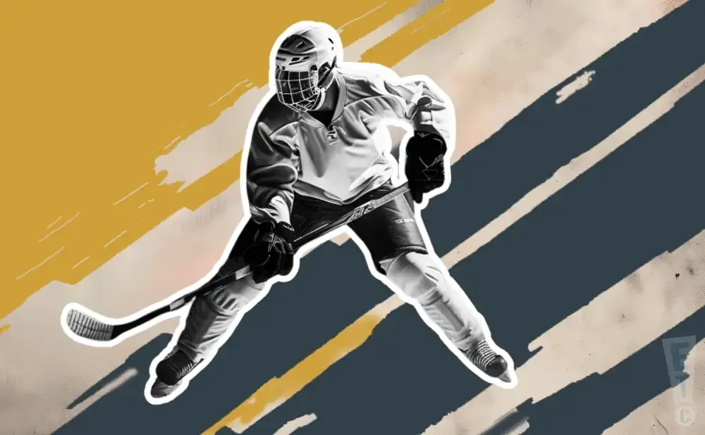 A black and white image of a hockey player in uniform, holding a stick and skating.