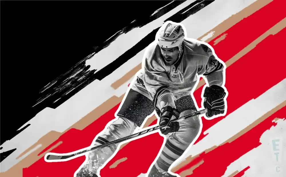 A black and white hockey player skates forward against a background of black, white, and red abstract brushstrokes.