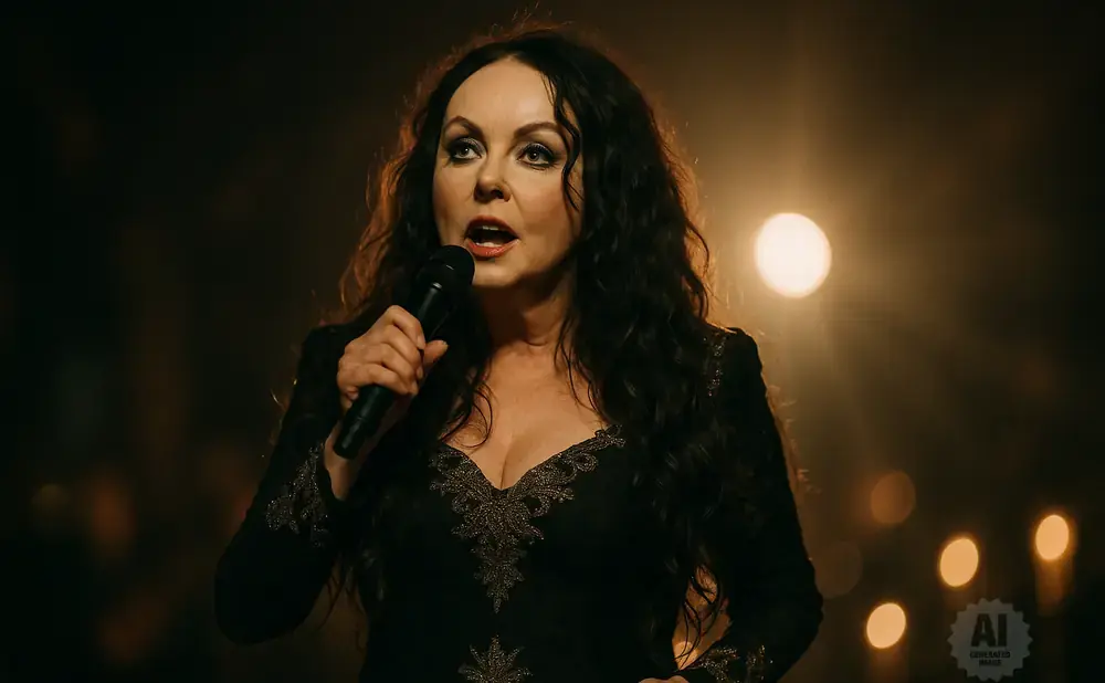 A woman with dark, wavy hair sings into a microphone, wearing a low-cut black dress with ornate gold embroidery.
