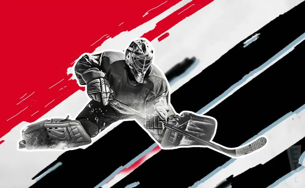 A hockey goalie in full gear crouches, ready to make a save, with dynamic red and black abstract graphics in the background.