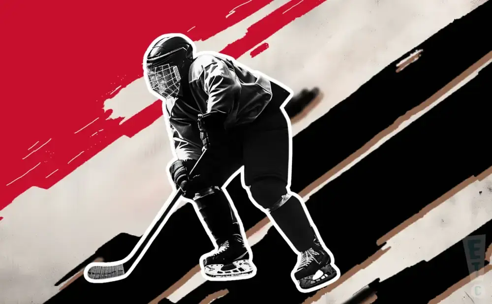 Hockey player in action against a graphic background.